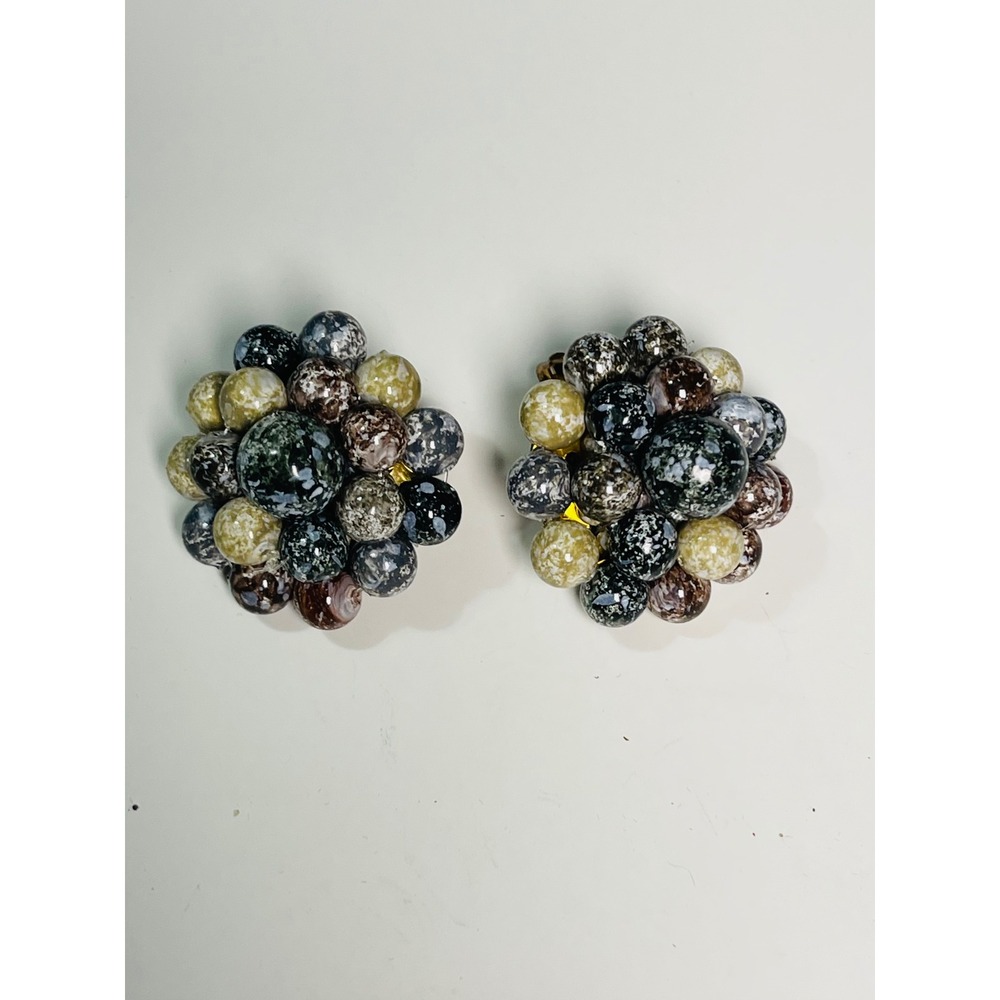 Vintage Speckled Glass Bead Cluster Clip On Earrings Earthy Green Brown Grey